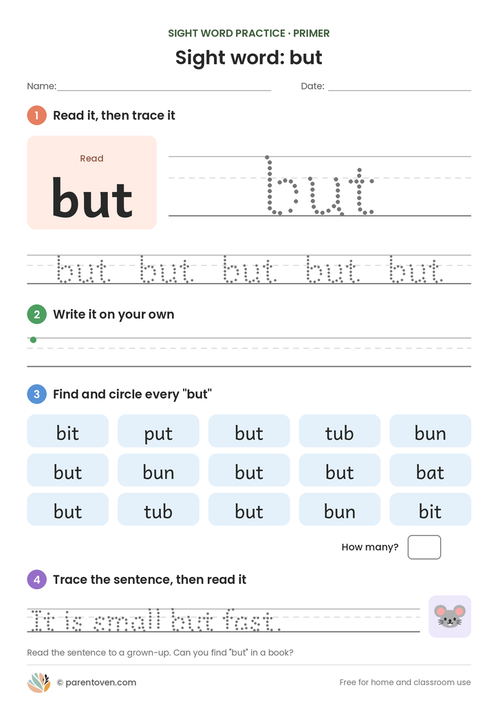 Sight word "but" worksheet: read and trace but, write it, find and circle it, and trace the sentence "It is small but fast."