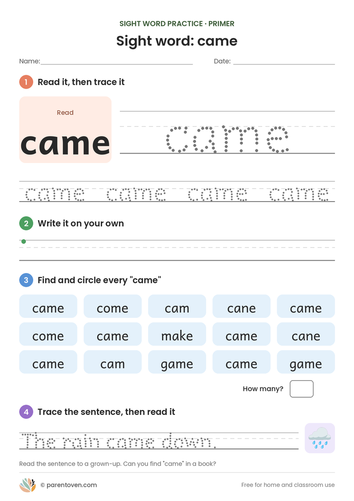 Sight word "came" worksheet: read and trace came, write it, find and circle it, and trace the sentence "The rain came down."