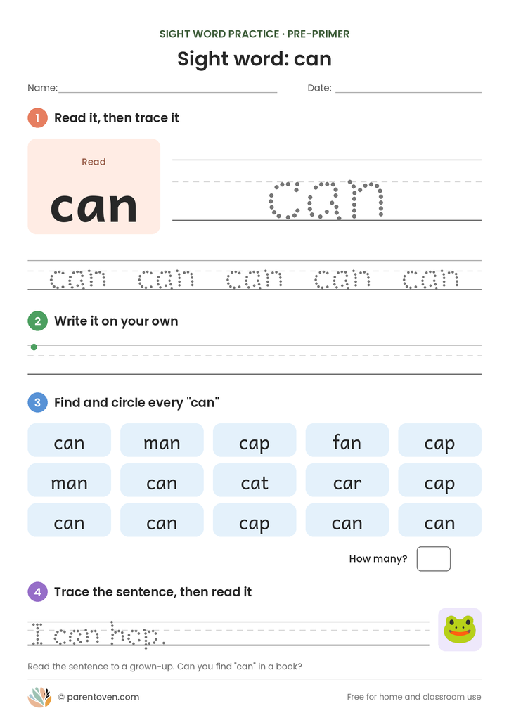 Sight word "can" worksheet: read and trace can, write it, find and circle it, and trace the sentence "I can hop."