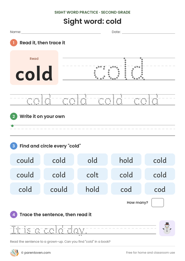 Sight word "cold" worksheet: read and trace cold, write it, find and circle it, and trace the sentence "It is a cold day."