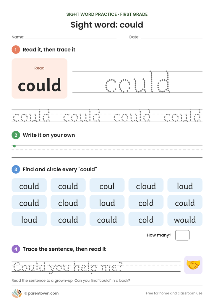 Sight word "could" worksheet: read and trace could, write it, find and circle it, and trace the sentence "Could you help me?"