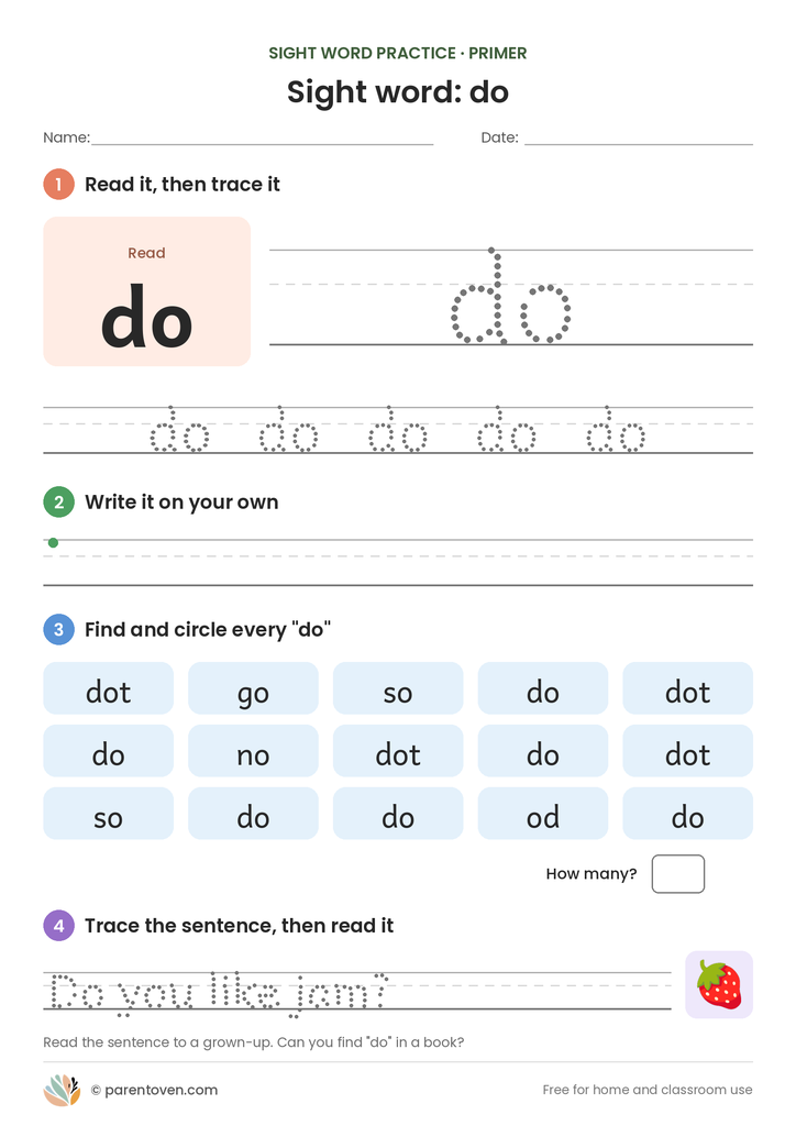 Sight word "do" worksheet: read and trace do, write it, find and circle it, and trace the sentence "Do you like jam?"