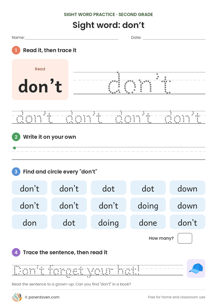Sight word "don’t" worksheet: read and trace don’t, write it, find and circle it, and trace the sentence "Don’t forget your hat!"