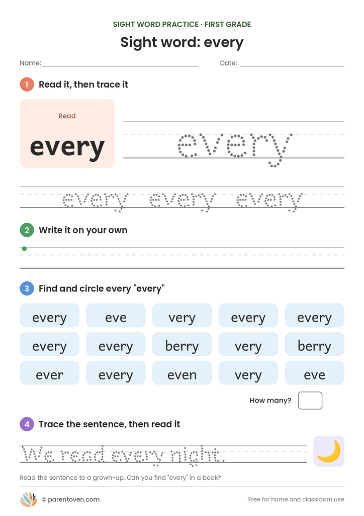 Sight word "every" worksheet: read and trace every, write it, find and circle it, and trace the sentence "We read every night."