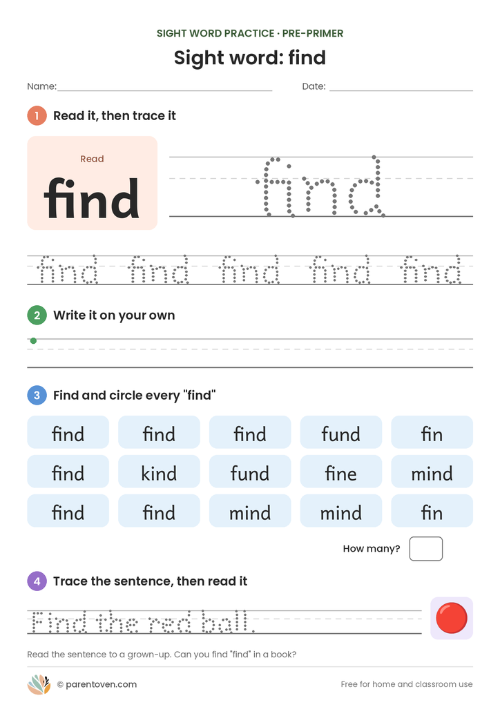 Sight word "find" worksheet: read and trace find, write it, find and circle it, and trace the sentence "Find the red ball."