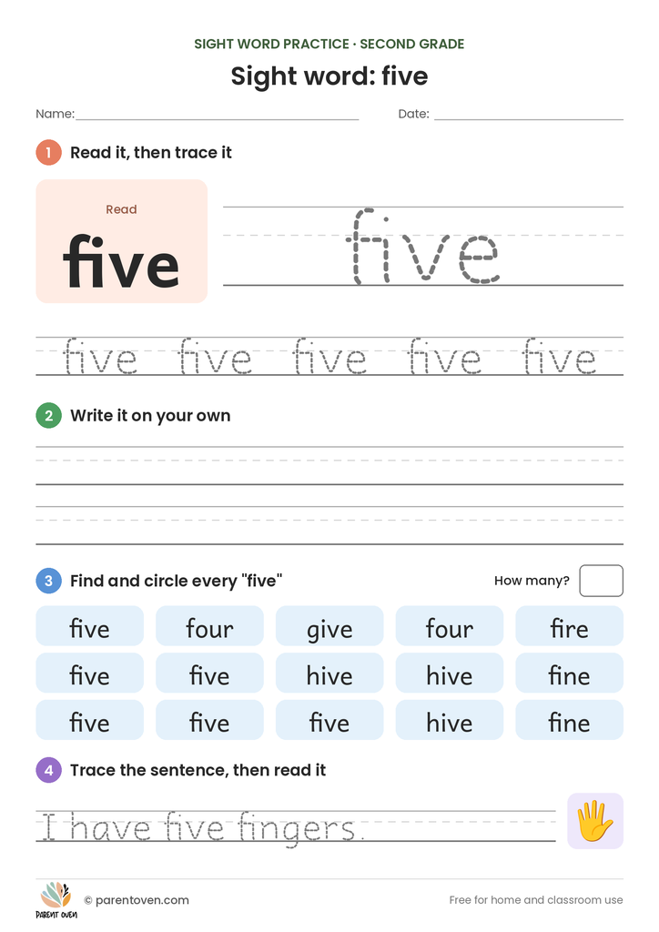 Sight word "five" worksheet: read and trace five, write it, find and circle it, and trace the sentence "I have five fingers."