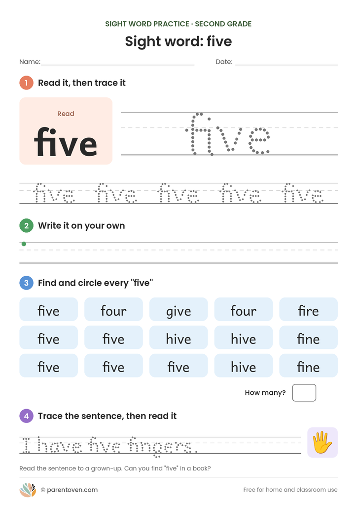 Sight word "five" worksheet: read and trace five, write it, find and circle it, and trace the sentence "I have five fingers."
