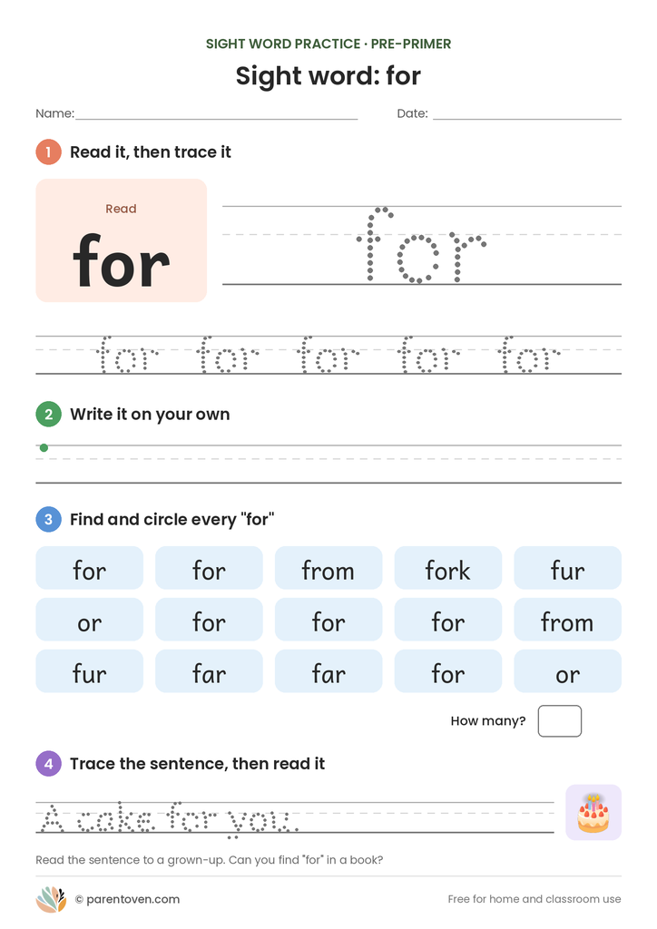 Sight word "for" worksheet: read and trace for, write it, find and circle it, and trace the sentence "A cake for you."