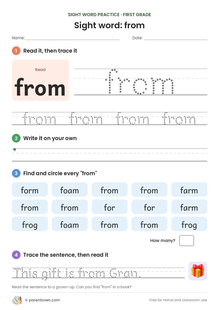 Sight word "from" worksheet: read and trace from, write it, find and circle it, and trace the sentence "This gift is from Gran."