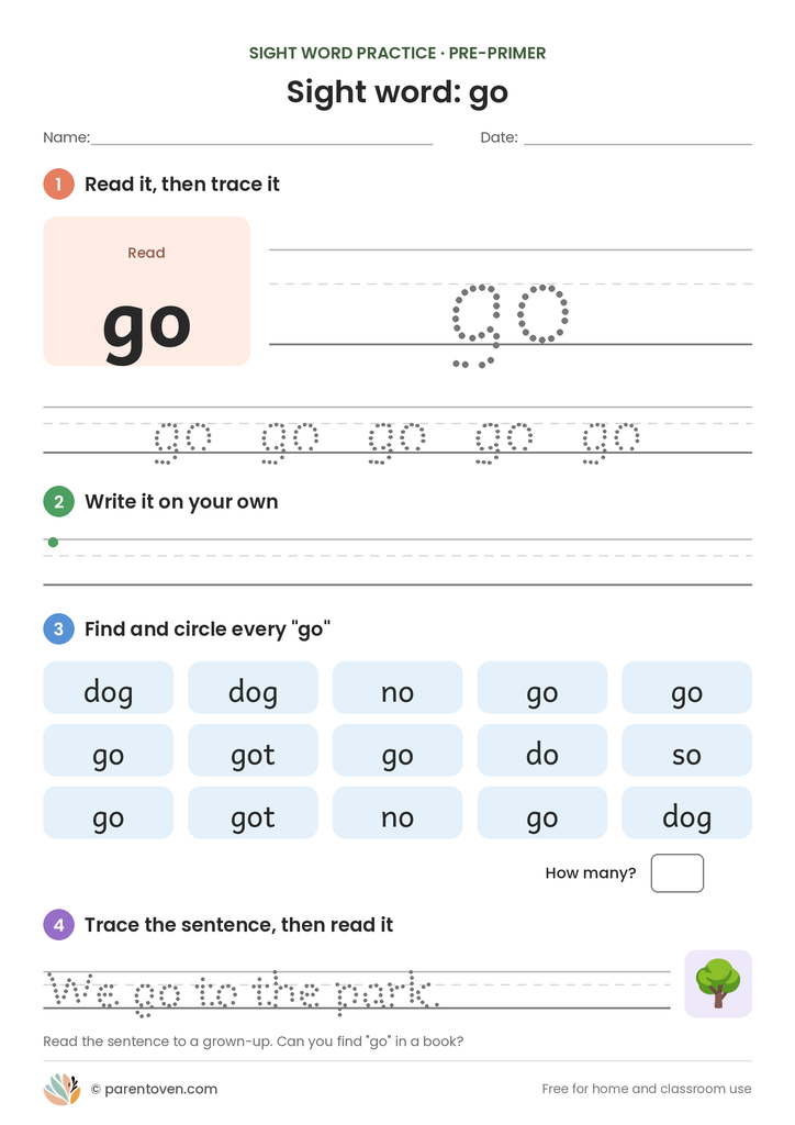 Sight word "go" worksheet: read and trace go, write it, find and circle it, and trace the sentence "We go to the park."