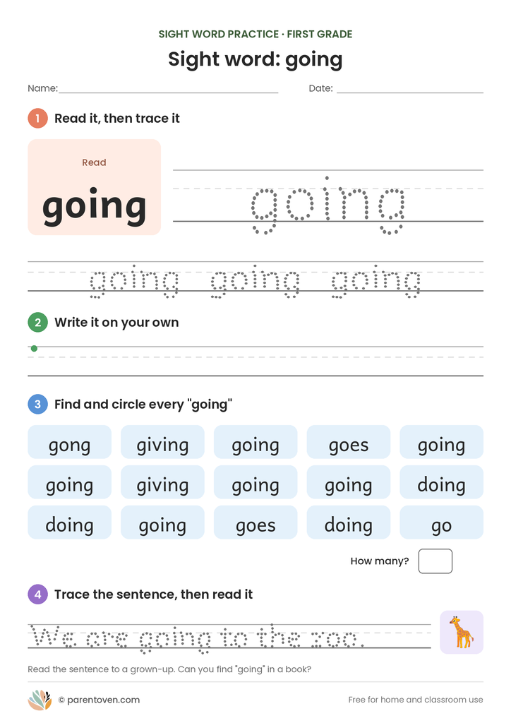 Sight word "going" worksheet: read and trace going, write it, find and circle it, and trace the sentence "We are going to the zoo."
