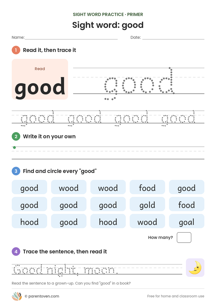 Sight word "good" worksheet: read and trace good, write it, find and circle it, and trace the sentence "Good night, moon."