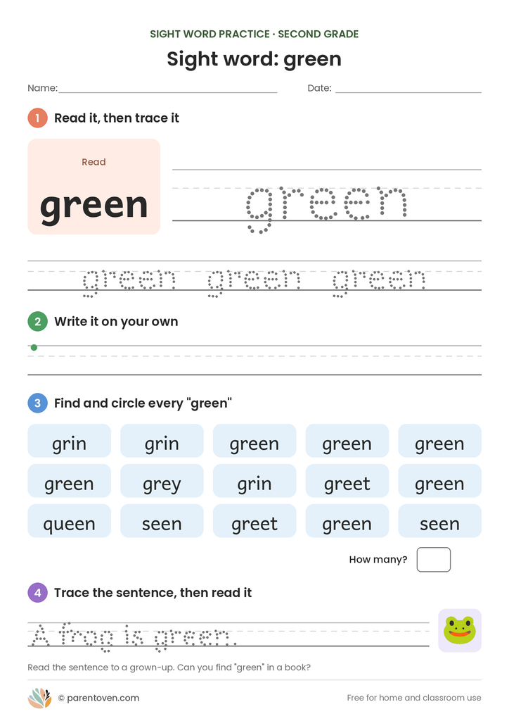 Sight word "green" worksheet: read and trace green, write it, find and circle it, and trace the sentence "A frog is green."