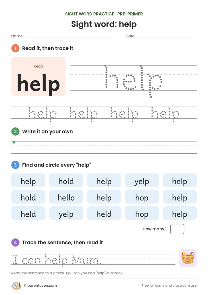 Sight word "help" worksheet: read and trace help, write it, find and circle it, and trace the sentence "I can help Mum."