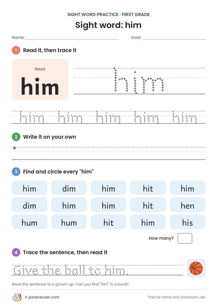 Sight word "him" worksheet: read and trace him, write it, find and circle it, and trace the sentence "Give the ball to him."