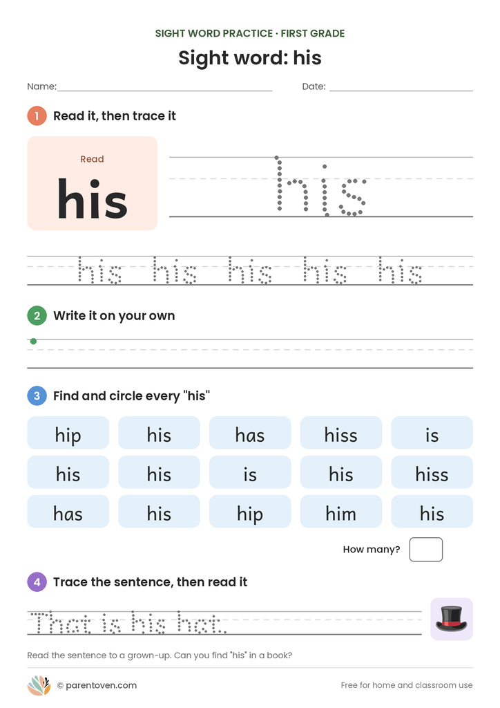 Sight word "his" worksheet: read and trace his, write it, find and circle it, and trace the sentence "That is his hat."