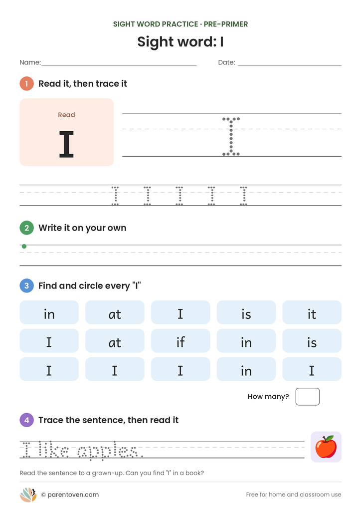 Sight word "I" worksheet: read and trace I, write it, find and circle it, and trace the sentence "I like apples."