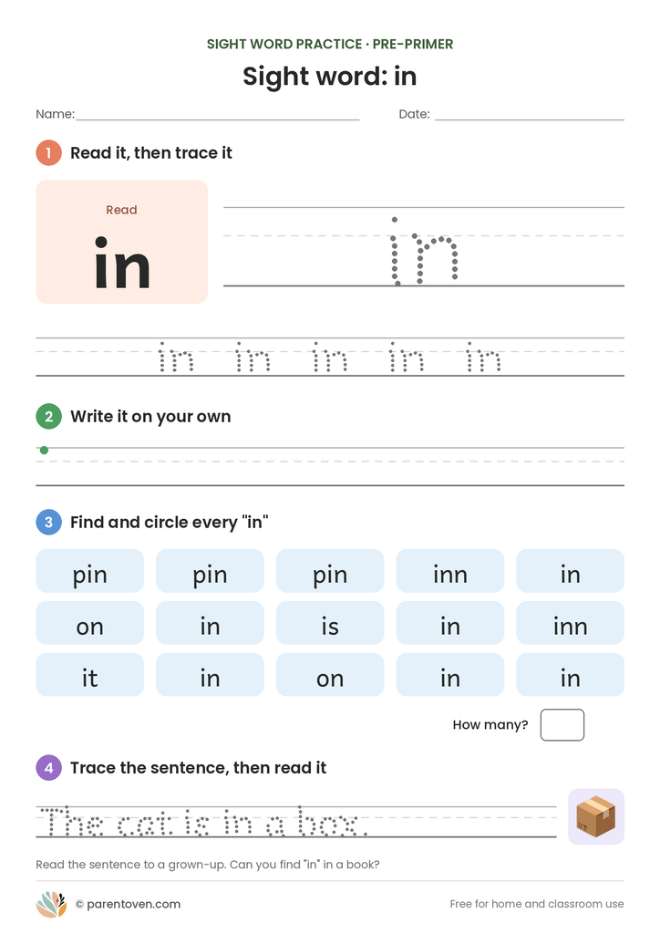 Sight word "in" worksheet: read and trace in, write it, find and circle it, and trace the sentence "The cat is in a box."