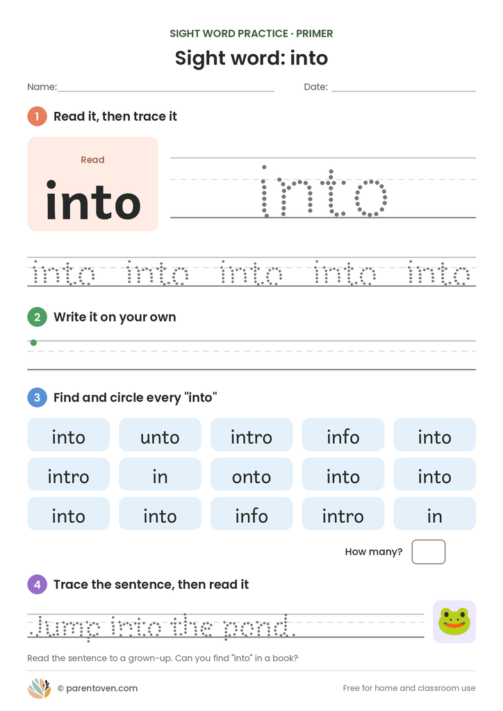 Sight word "into" worksheet: read and trace into, write it, find and circle it, and trace the sentence "Jump into the pond."