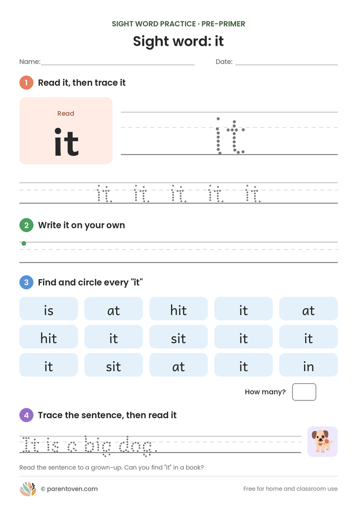 Sight word "it" worksheet: read and trace it, write it, find and circle it, and trace the sentence "It is a big dog."