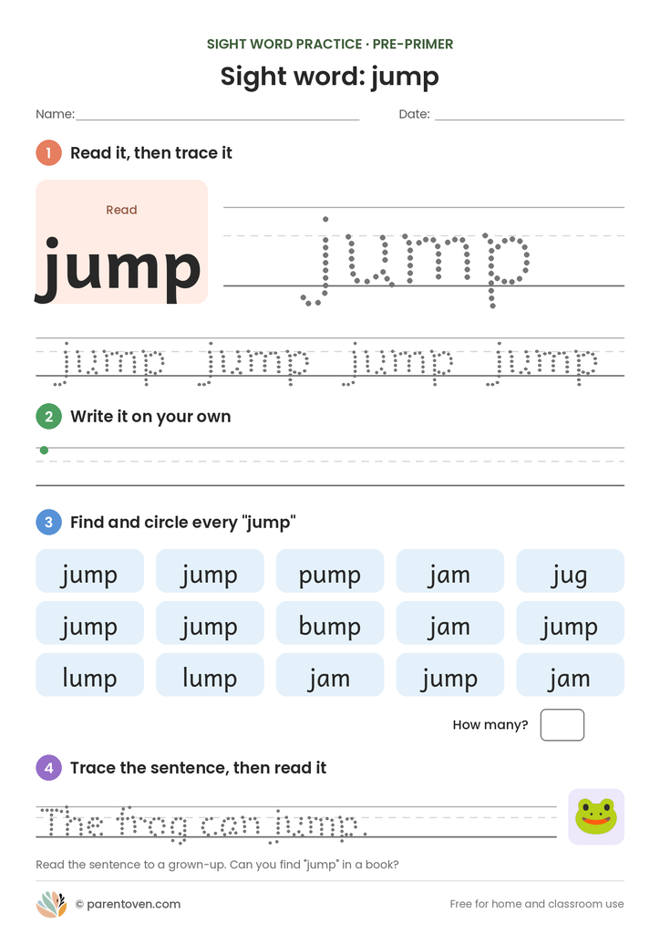 Sight word "jump" worksheet: read and trace jump, write it, find and circle it, and trace the sentence "The frog can jump."