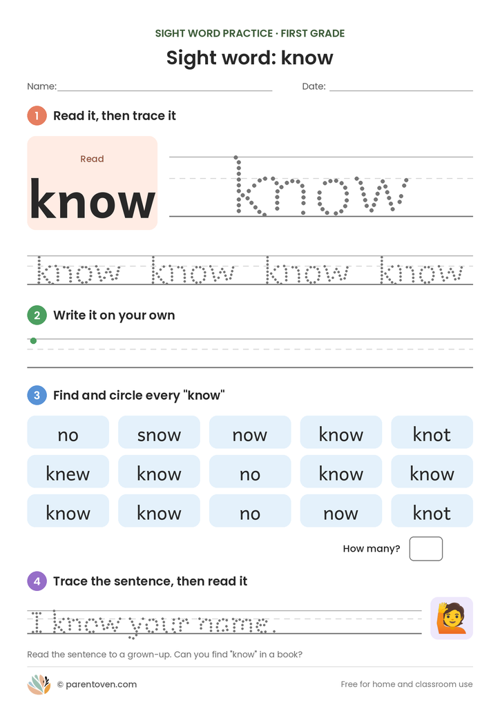 Sight word "know" worksheet: read and trace know, write it, find and circle it, and trace the sentence "I know your name."