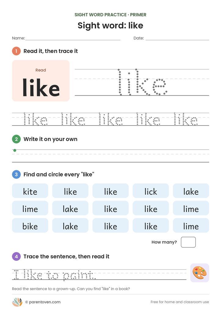 Sight word "like" worksheet: read and trace like, write it, find and circle it, and trace the sentence "I like to paint."