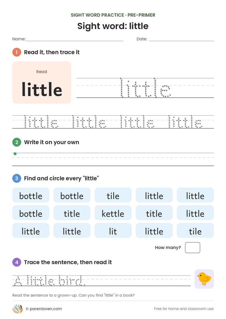 Sight word "little" worksheet: read and trace little, write it, find and circle it, and trace the sentence "A little bird."