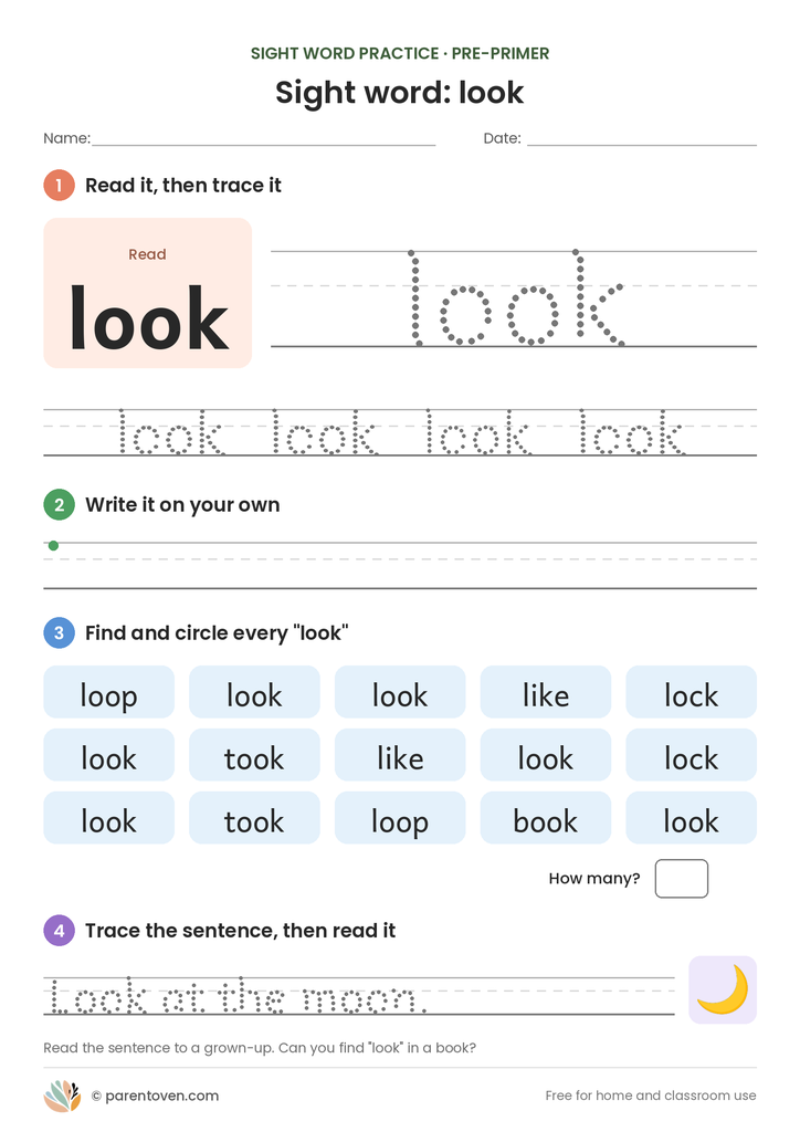 Sight word "look" worksheet: read and trace look, write it, find and circle it, and trace the sentence "Look at the moon."