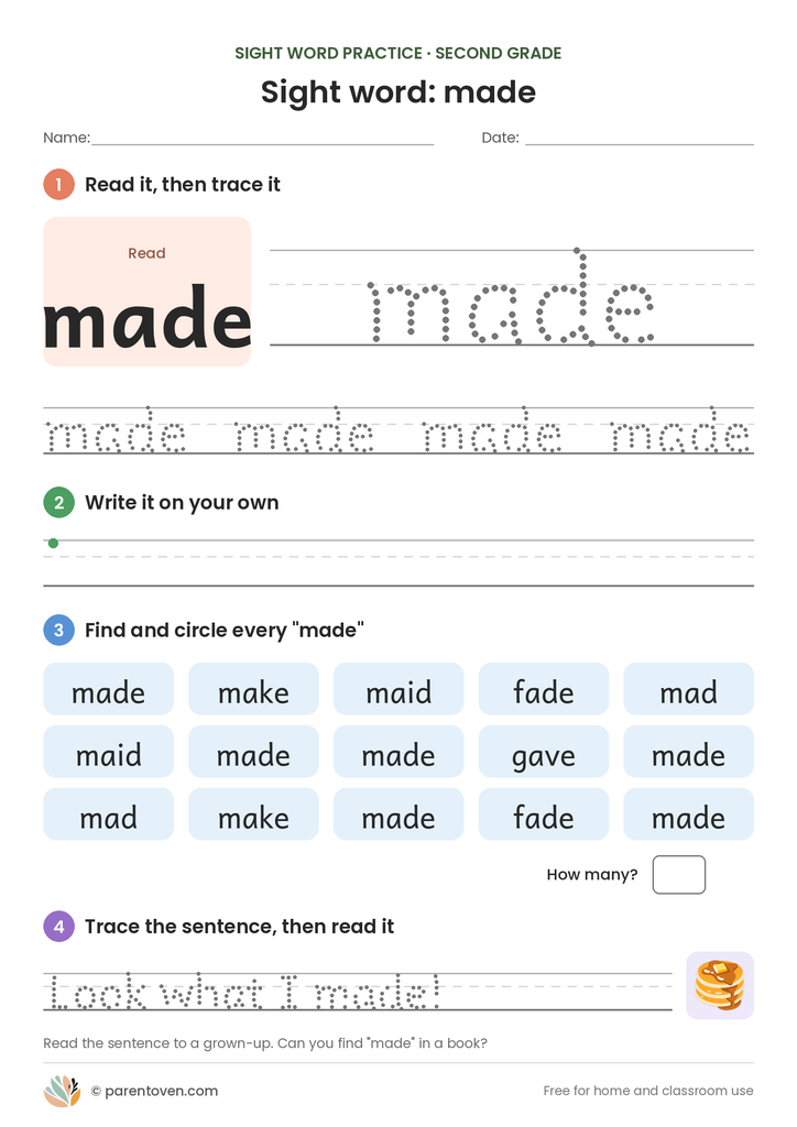 Sight word "made" worksheet: read and trace made, write it, find and circle it, and trace the sentence "Look what I made!"
