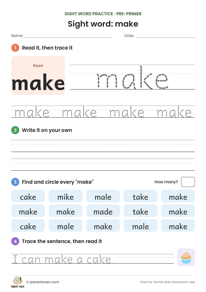 Sight word "make" worksheet: read and trace make, write it, find and circle it, and trace the sentence "I can make a cake."