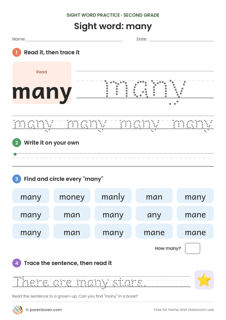 Sight word "many" worksheet: read and trace many, write it, find and circle it, and trace the sentence "There are many stars."