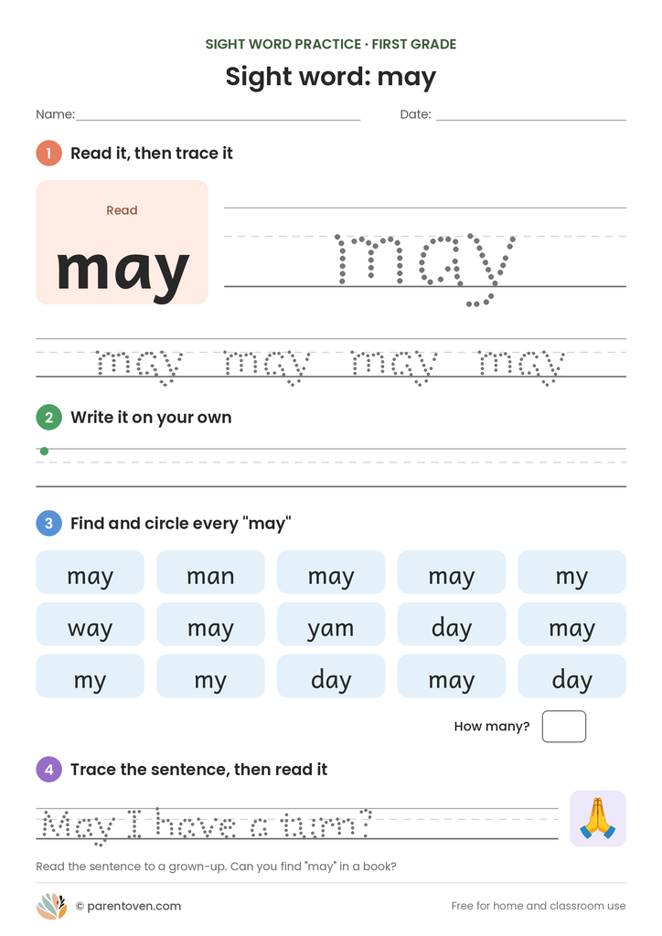 Sight word "may" worksheet: read and trace may, write it, find and circle it, and trace the sentence "May I have a turn?"
