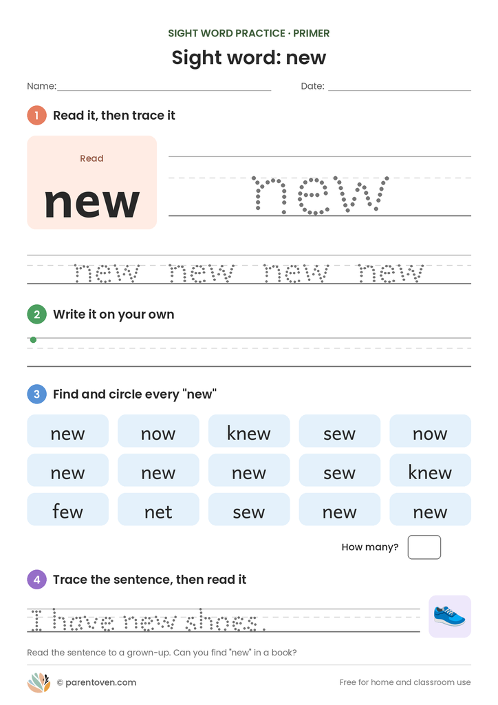 Sight word "new" worksheet: read and trace new, write it, find and circle it, and trace the sentence "I have new shoes."