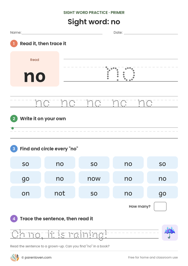 Sight word "no" worksheet: read and trace no, write it, find and circle it, and trace the sentence "Oh no, it is raining!"