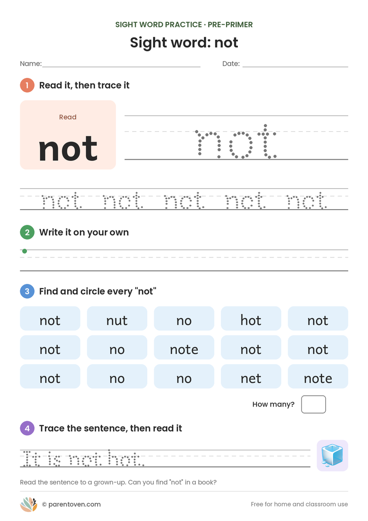 Sight word "not" worksheet: read and trace not, write it, find and circle it, and trace the sentence "It is not hot."
