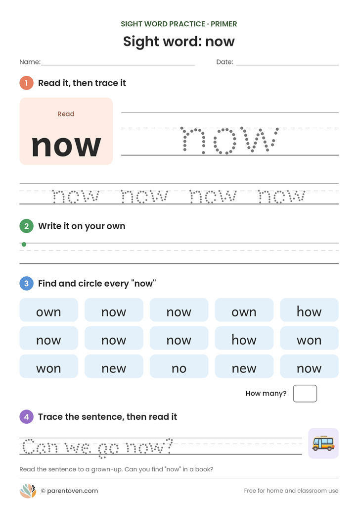 Sight word "now" worksheet: read and trace now, write it, find and circle it, and trace the sentence "Can we go now?"