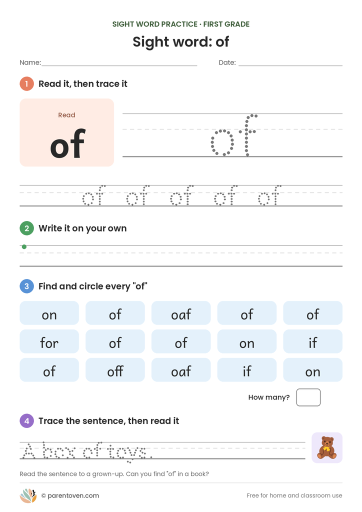 Sight word "of" worksheet: read and trace of, write it, find and circle it, and trace the sentence "A box of toys."