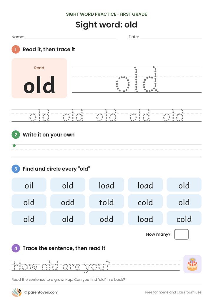 Sight word "old" worksheet: read and trace old, write it, find and circle it, and trace the sentence "How old are you?"