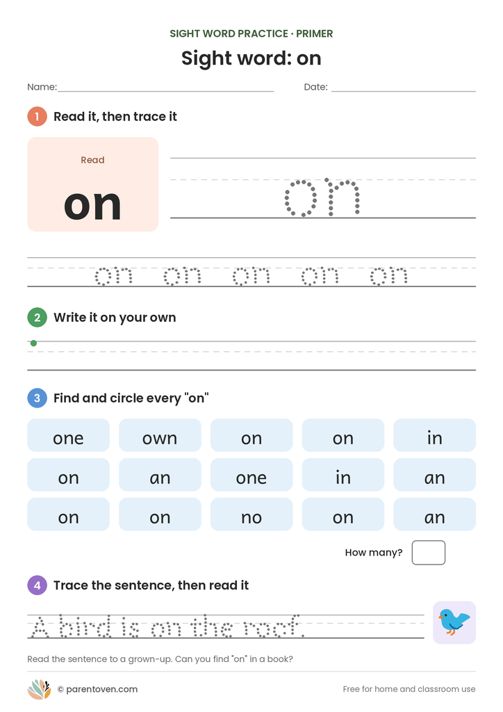 Sight word "on" worksheet: read and trace on, write it, find and circle it, and trace the sentence "A bird is on the roof."