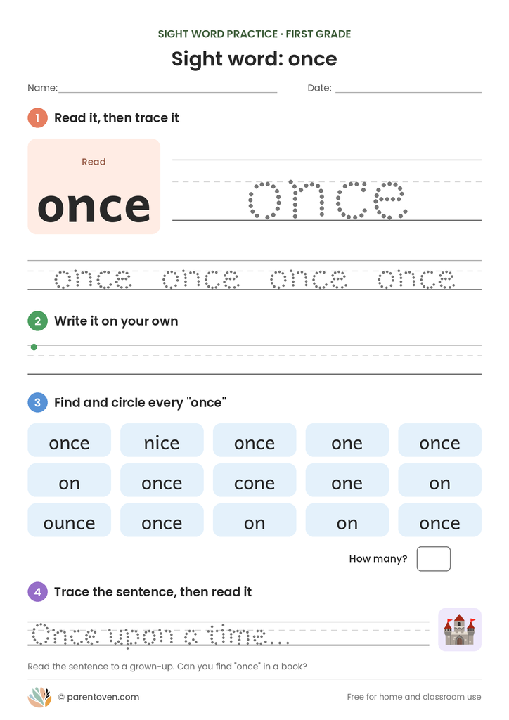 Sight word "once" worksheet: read and trace once, write it, find and circle it, and trace the sentence "Once upon a time…"