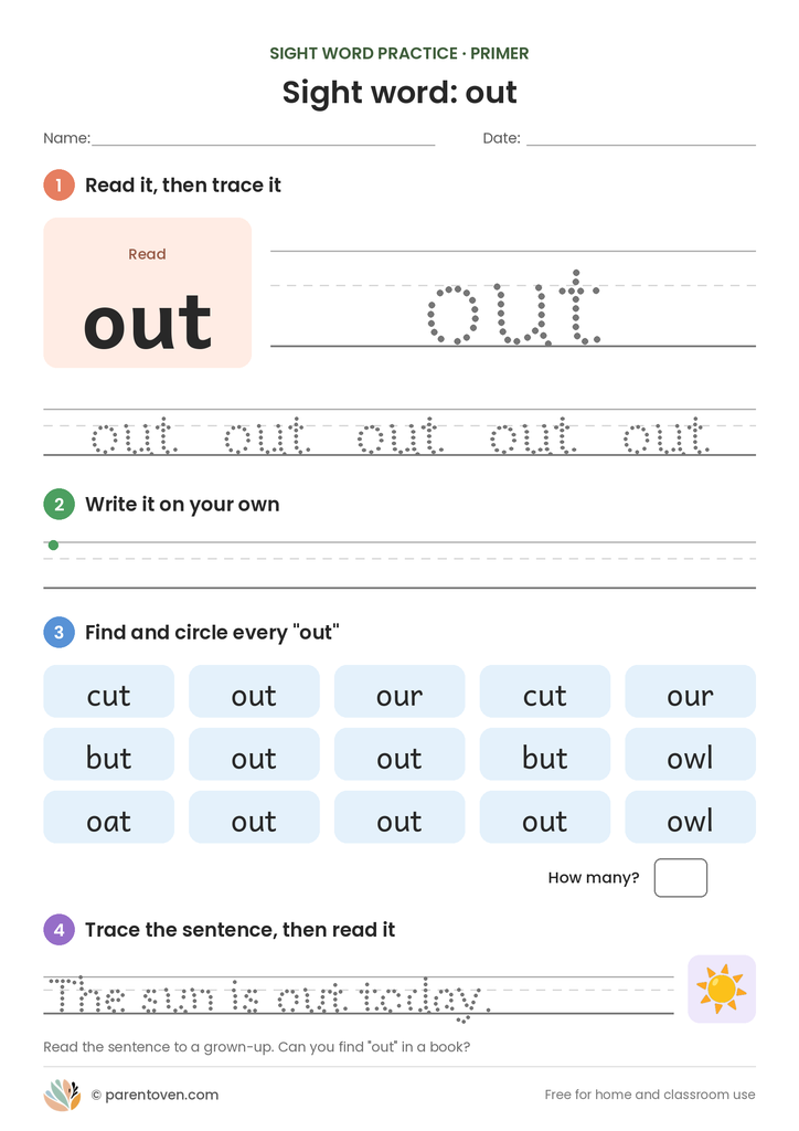 Sight word "out" worksheet: read and trace out, write it, find and circle it, and trace the sentence "The sun is out today."