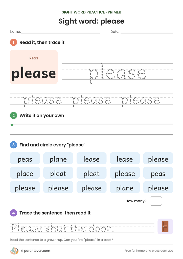 Sight word "please" worksheet: read and trace please, write it, find and circle it, and trace the sentence "Please shut the door."
