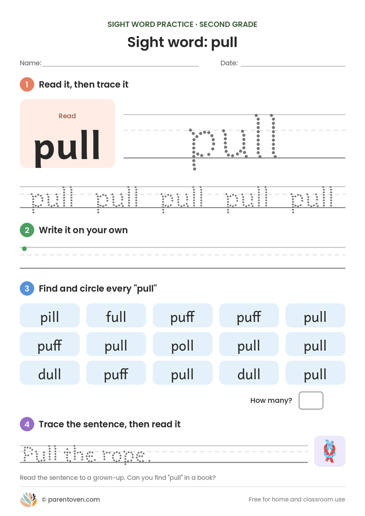 Sight word "pull" worksheet: read and trace pull, write it, find and circle it, and trace the sentence "Pull the rope."