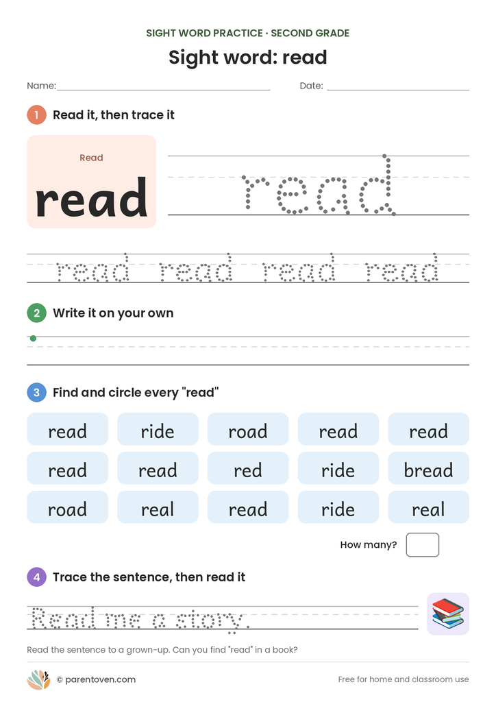 Sight word "read" worksheet: read and trace read, write it, find and circle it, and trace the sentence "Read me a story."