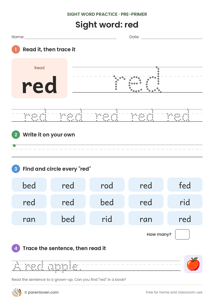 Sight word "red" worksheet: read and trace red, write it, find and circle it, and trace the sentence "A red apple."