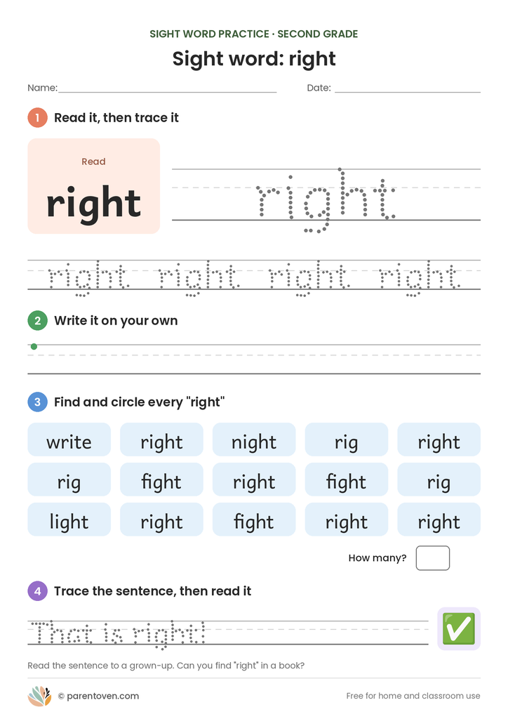 Sight word "right" worksheet: read and trace right, write it, find and circle it, and trace the sentence "That is right!"