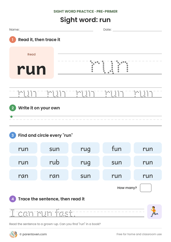Sight word "run" worksheet: read and trace run, write it, find and circle it, and trace the sentence "I can run fast."