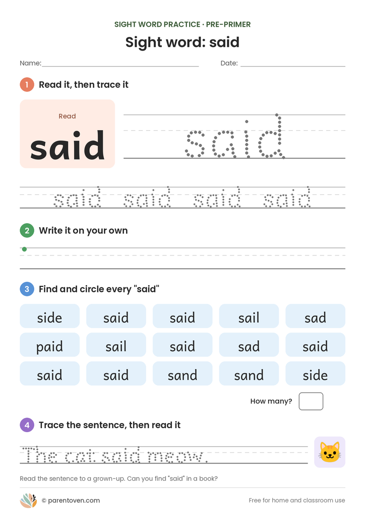 Sight word "said" worksheet: read and trace said, write it, find and circle it, and trace the sentence "The cat said meow."