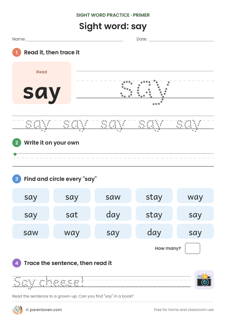 Sight word "say" worksheet: read and trace say, write it, find and circle it, and trace the sentence "Say cheese!"